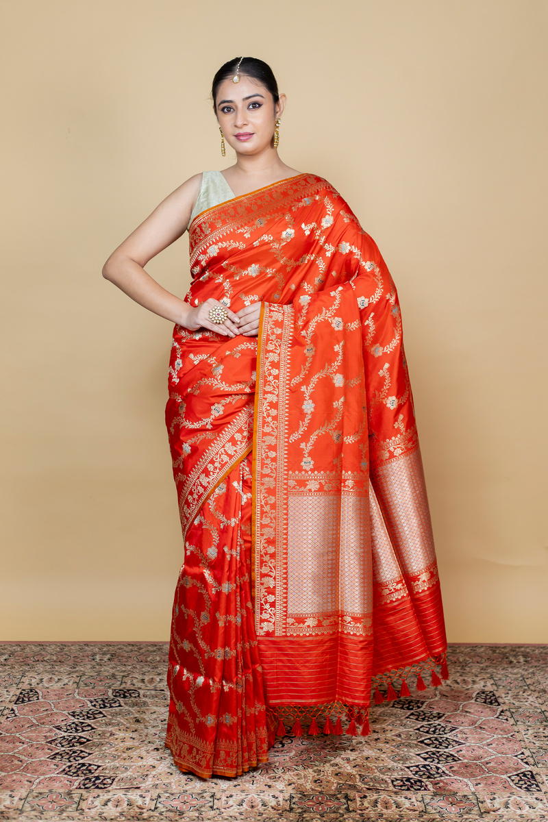 Orange Katan Silk Saree — Kadwa Jaal
