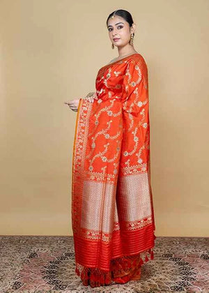 Orange Katan Silk Saree — Kadwa