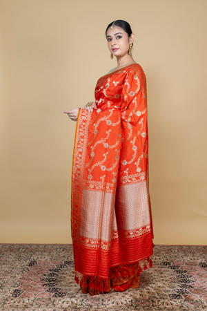 Orange Katan Silk Saree — Kadwa Jaal