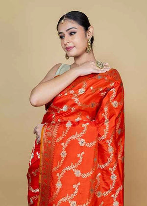Orange Katan Silk Saree — Kadwa