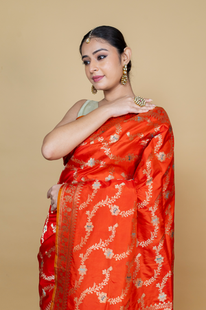 Orange Katan Silk Saree — Kadwa Jaal