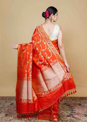 Orange Katan Silk Saree — Kadwa