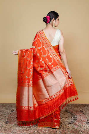 Orange Katan Silk Saree — Kadwa Jaal