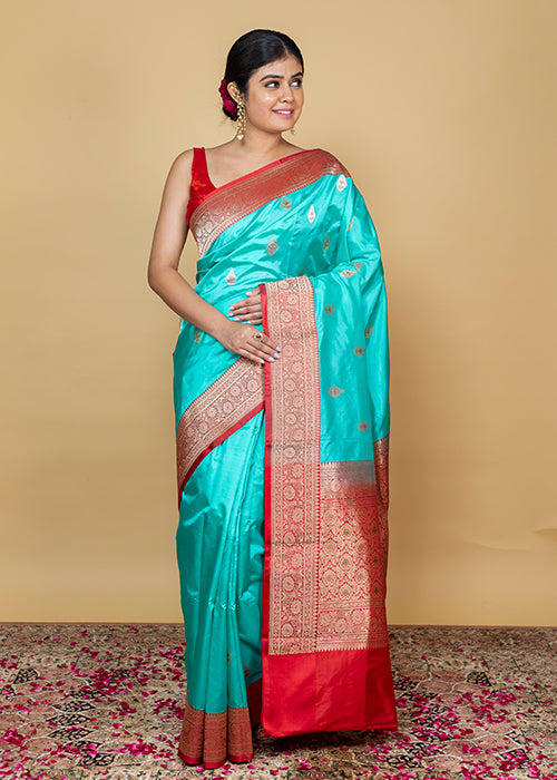 Powder Green Katan Silk Saree — Kadwa Booti