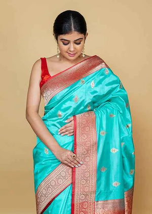 Powder Green Katan Silk Saree — Kadwa Booti