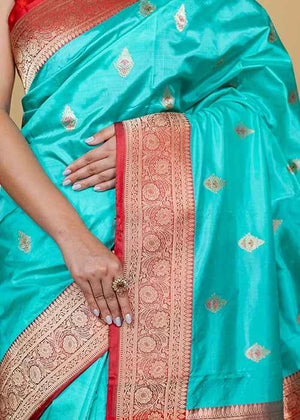 Powder Green Katan Silk Saree — Kadwa Booti