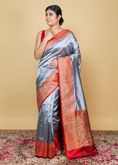 Grey Katan Silk Saree — Kadwa Booti