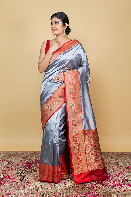 Grey Katan Silk Saree — Kadwa Booti