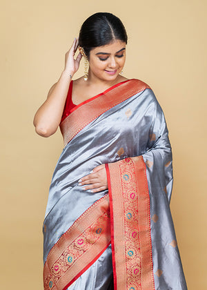 Grey Katan Silk Saree — Kadwa Booti