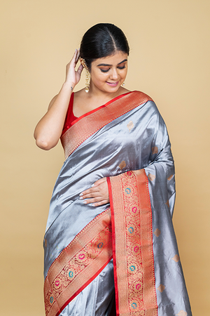 Grey Katan Silk Saree — Kadwa Booti