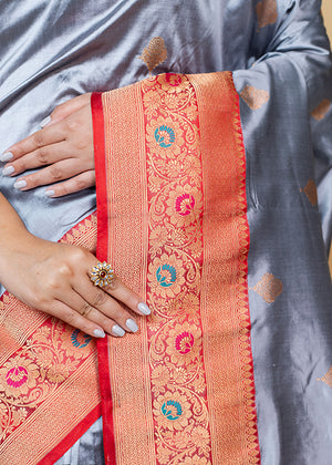 Grey Katan Silk Saree — Kadwa Booti