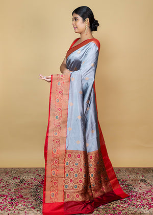 Grey Katan Silk Saree — Kadwa Booti