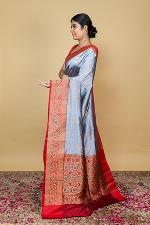 Grey Katan Silk Saree — Kadwa Booti