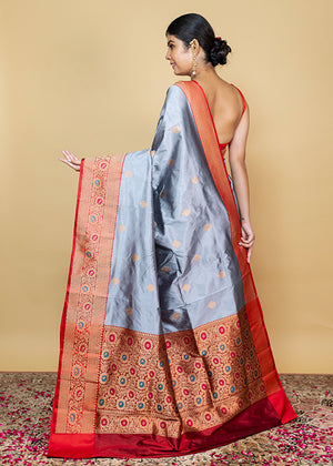 Grey Katan Silk Saree — Kadwa Booti