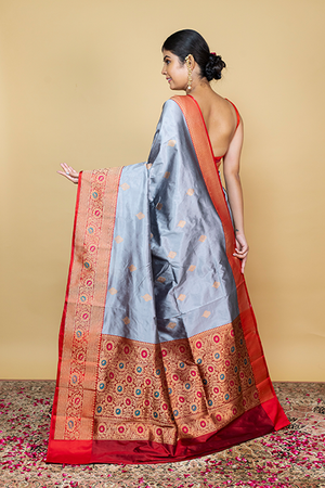 Grey Katan Silk Saree — Kadwa Booti