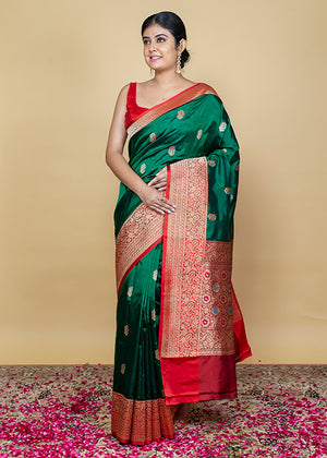 Bottle Green Katan Silk Saree — Kadwa Booti