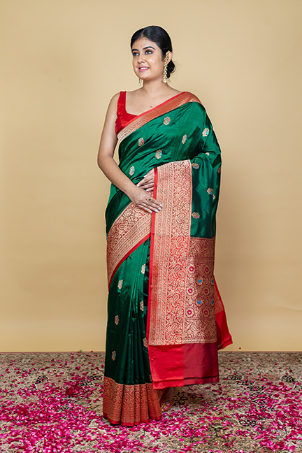 Bottle Green Katan Silk Saree — Kadwa Booti