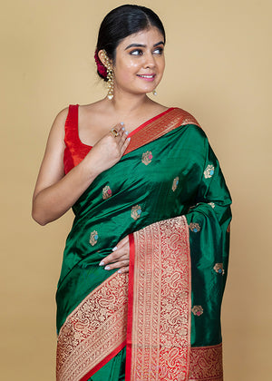 Bottle Green Katan Silk Saree — Kadwa Booti