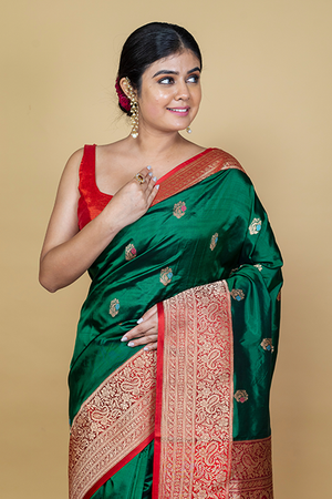Bottle Green Katan Silk Saree — Kadwa Booti