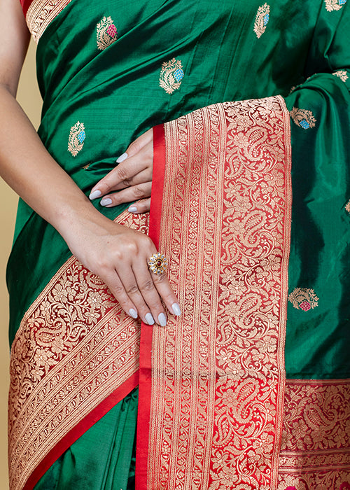 Bottle Green Katan Silk Saree — Kadwa Booti