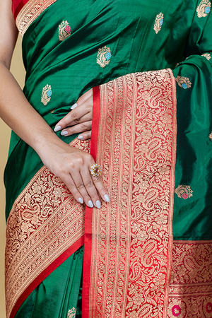Bottle Green Katan Silk Saree — Kadwa Booti