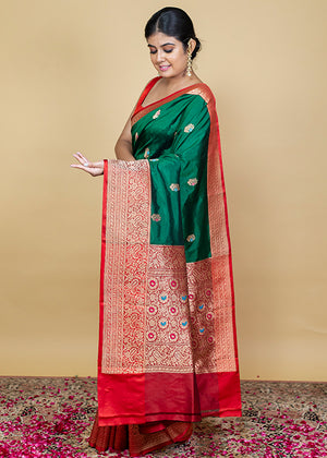 Bottle Green Katan Silk Saree — Kadwa Booti