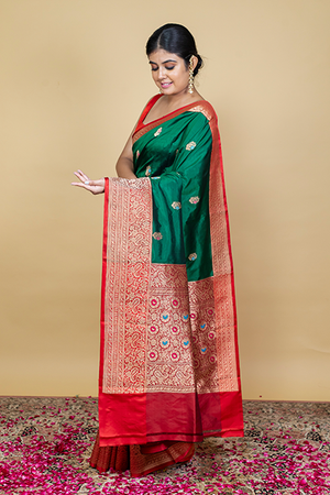 Bottle Green Katan Silk Saree — Kadwa Booti