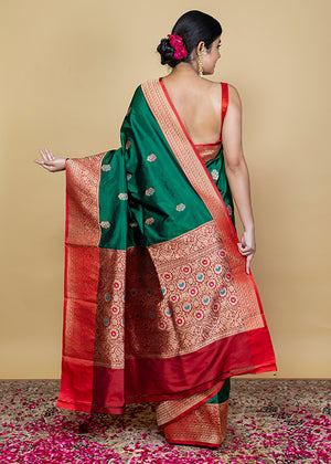 Bottle Green Katan Silk Saree — Kadwa Booti