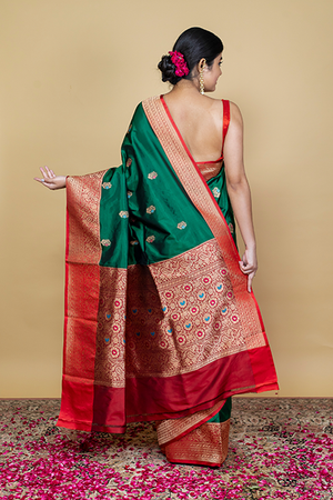 Bottle Green Katan Silk Saree — Kadwa Booti