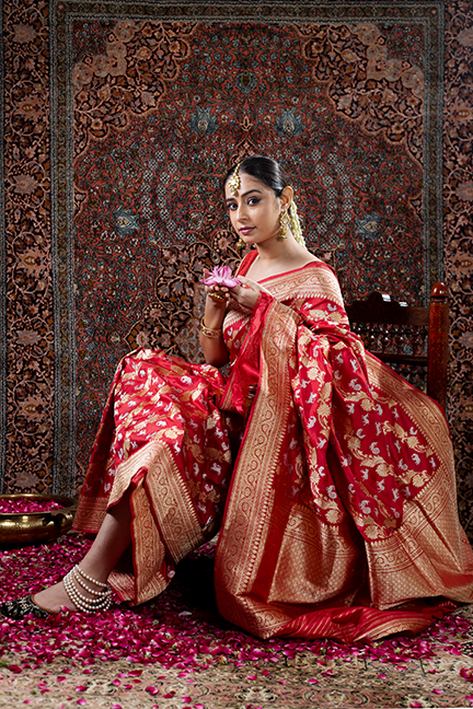 Red Katan Silk Saree — Kadwa Sikargha Jaal