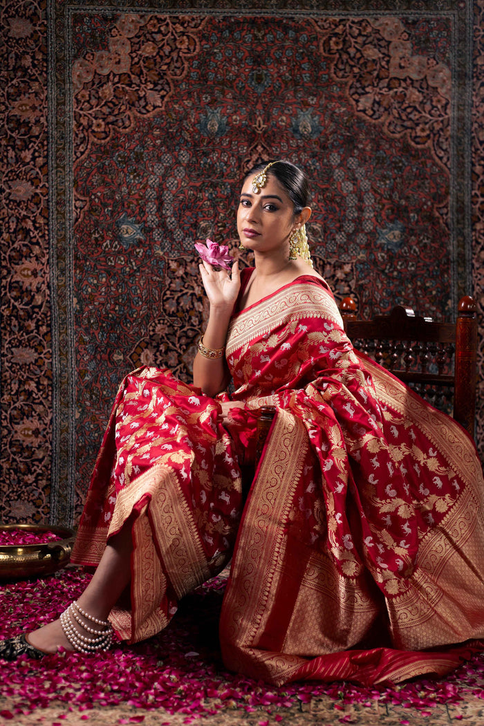 Red Katan Silk Saree with Kadwa Sikargha Jaal weave