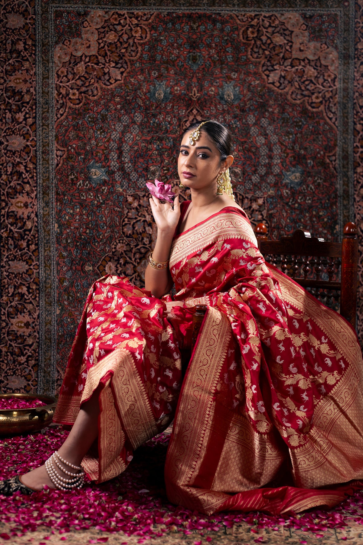 Red Katan Silk Saree — Kadwa Booti