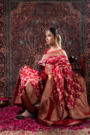 Red Katan Silk Saree — Kadwa Booti