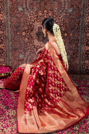 Red Katan Silk Saree — Kadwa Booti
