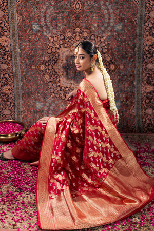 Red Katan Silk Saree — Kadwa Booti