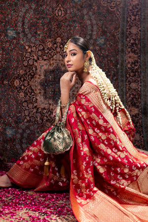 Red Katan Silk Saree — Kadwa Booti