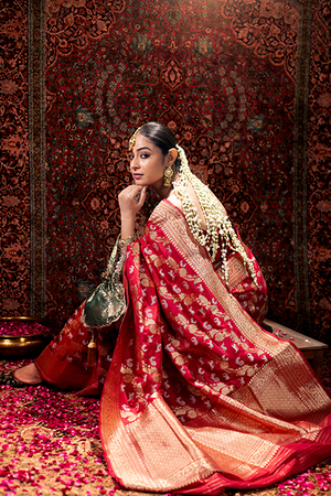 Red Katan Silk Saree — Kadwa Sikargha Jaal