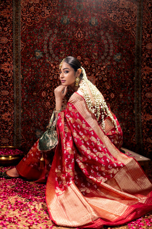 Red Katan Silk Saree — Kadwa Booti