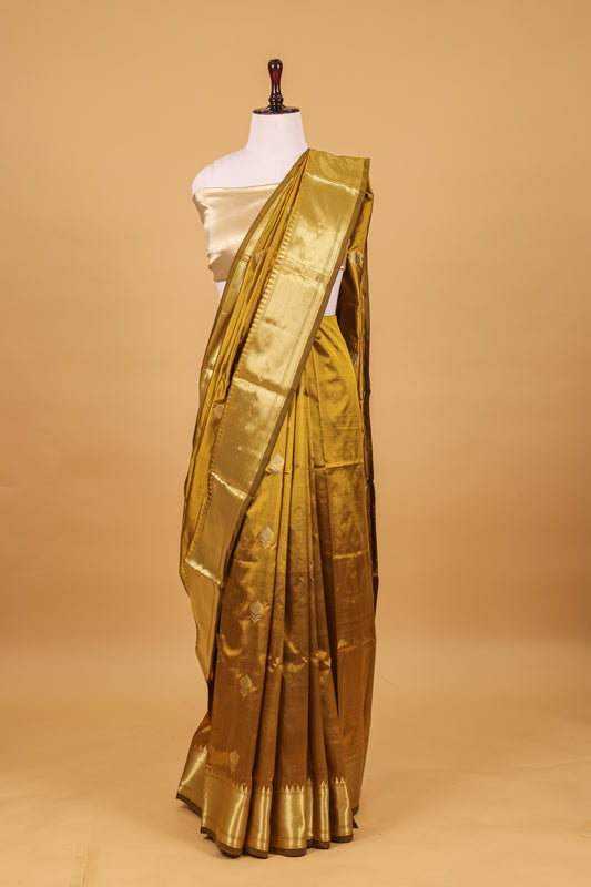 Gold Katan Pure Silk Kadhwa Saree - Panaya 