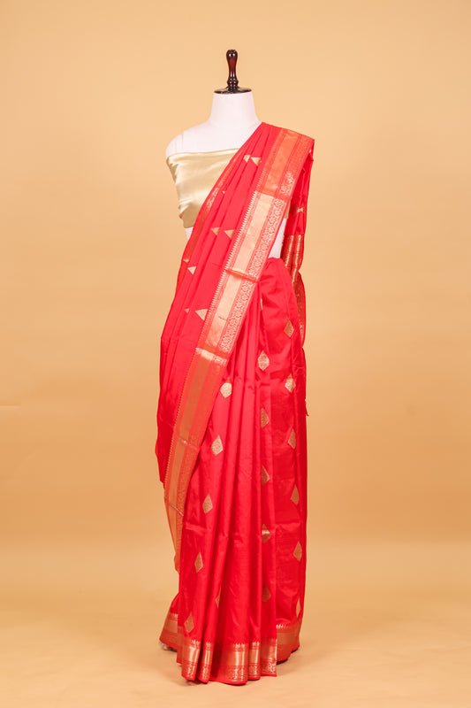 Red Katan Pure Silk Kadhwa Saree - Panaya 