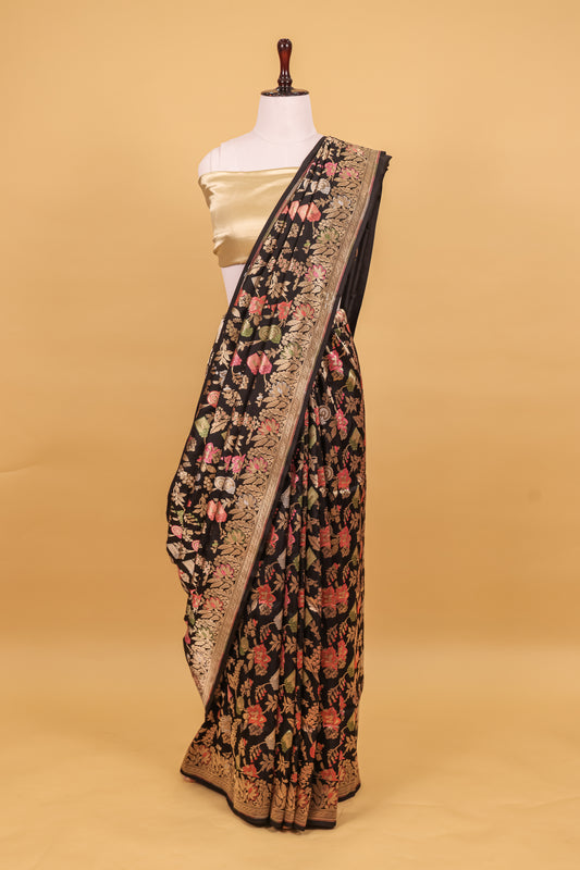 Black Katan Pure Silk Cutwork Saree - Panaya 
