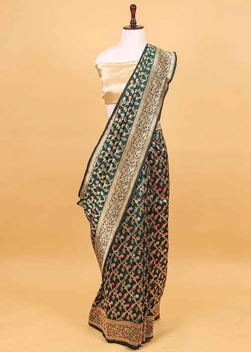 Dark Green Katan Silk Saree — Cut Work
