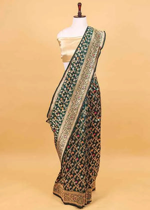 Dark Green Katan Silk Saree — Cut Work