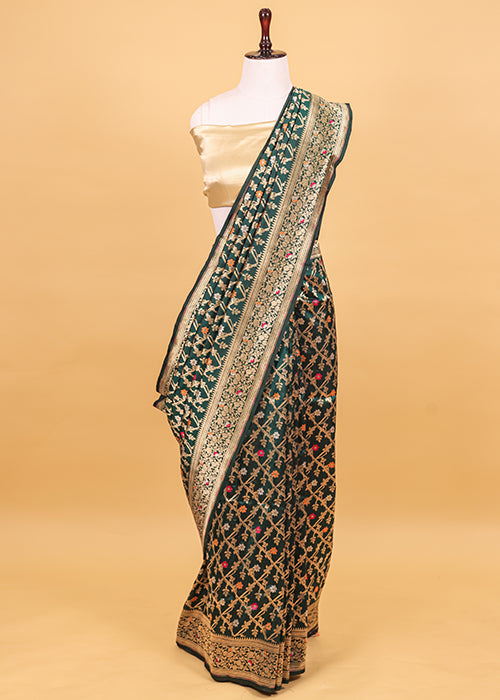 Dark Green Katan Silk Saree — Cut Work