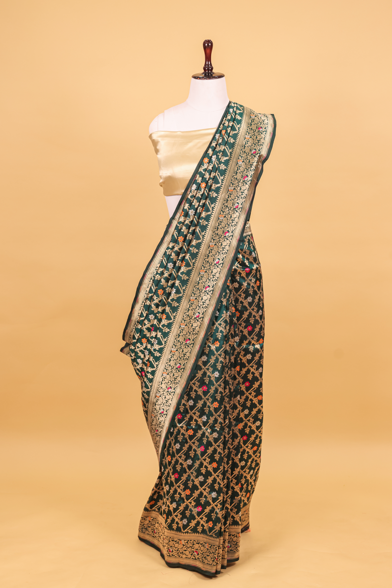 Dark Green Katan Silk Saree — Cut Work