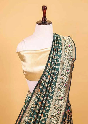 Dark Green Katan Silk Saree — Cut Work