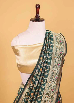 Dark Green Katan Silk Saree — Cut Work