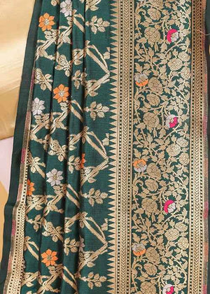 Dark Green Katan Silk Saree — Cut Work