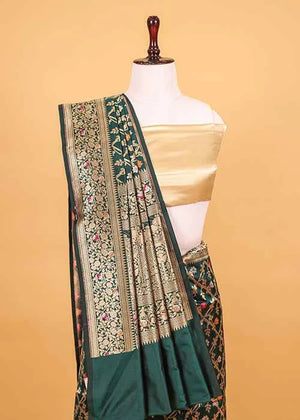 Dark Green Katan Silk Saree — Cut Work