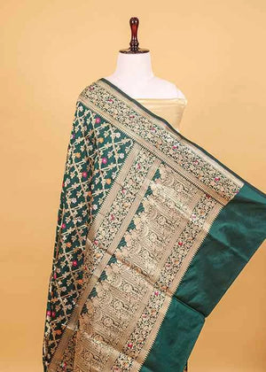Dark Green Katan Silk Saree — Cut Work